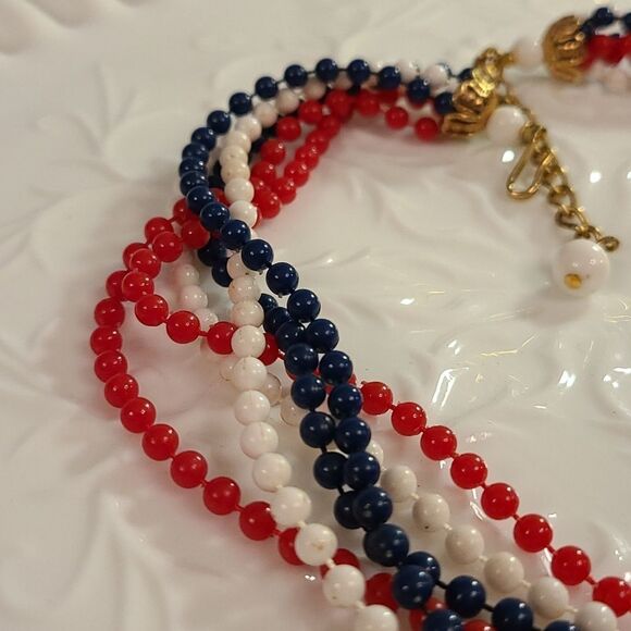 Vintage Multi Strand Red, White and Blue Necklace - Picture 11 of 13